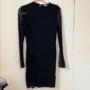REISS Black Sheath Lace Midi Dress with Bell Sleeves and Mock Neck
